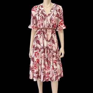 Cremieux Dillards Dress Women Size 4 Ivory Burgundy Floral Short Sleeve Midi